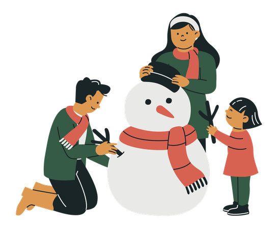 Família fazendo um boneco de neve durante o festival de Natal  Ilustração