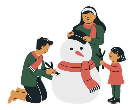 Família fazendo um boneco de neve durante o festival de Natal  Ilustração