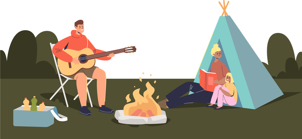 Família feliz acampando juntos: pais e filhos sentados ao redor da fogueira e barraca  Ilustração