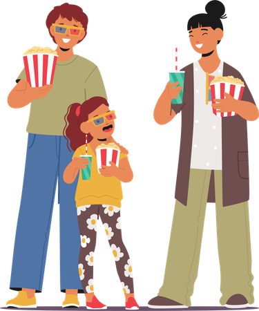 Familia feliz, adultos y niños disfrutando de una película en el cine  Illustration