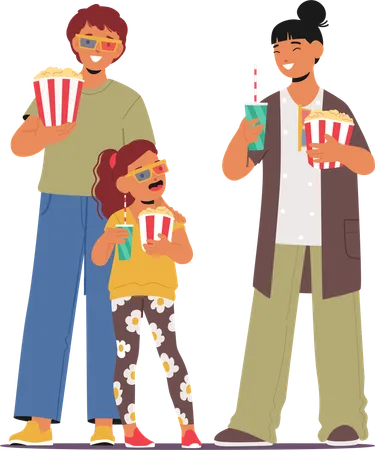 Familia feliz, adultos y niños disfrutando de una película en el cine  Illustration