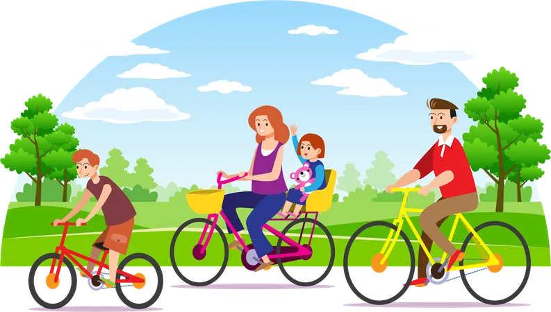 Família andando de bicicleta juntos nas férias  Ilustração