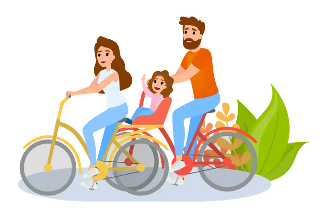 Família feliz andando de bicicleta no parque da cidade  Ilustração