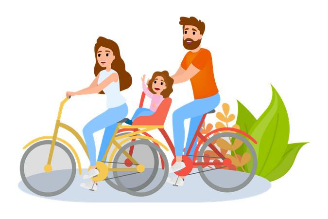 Família feliz andando de bicicleta no parque da cidade  Ilustração