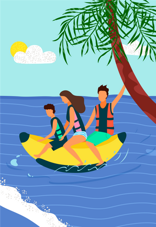 Família feliz andando em uma banana inflável no mar  Ilustração