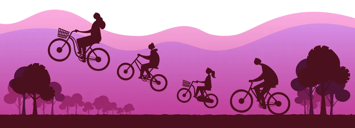 Familias Felizes Andam De Bicicleta Alegremente E Voam Pelo Ar No Cenario Do Entardecer Personagens De Desenhos Animados Desenho De Ilustra O Vetorial Plana Ilustração