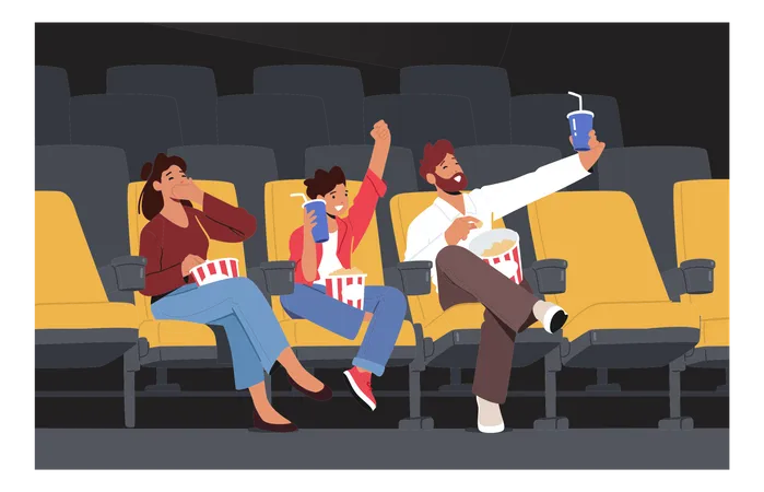 Família feliz assistindo filme no cinema  Ilustração