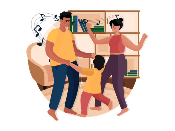 Familia feliz bailando juntos en casa  Ilustración
