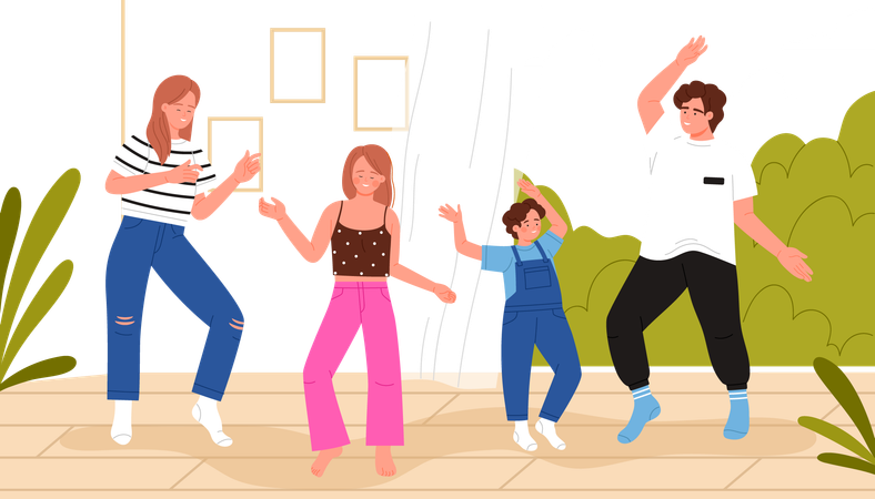 Feliz baile familiar en casa  Ilustración