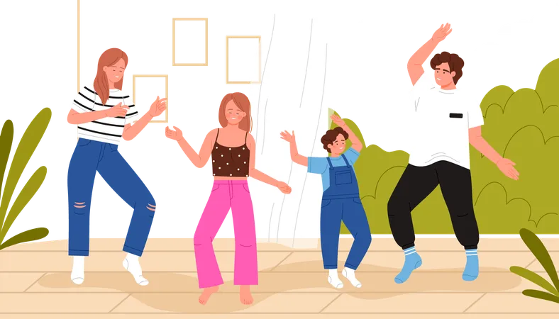 Feliz baile familiar en casa  Ilustración