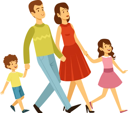 Familia feliz caminando juntos  Ilustración