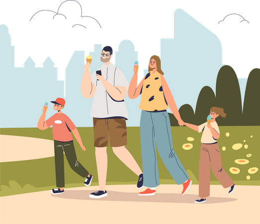 Familia feliz caminando en el parque comiendo helado  Ilustración