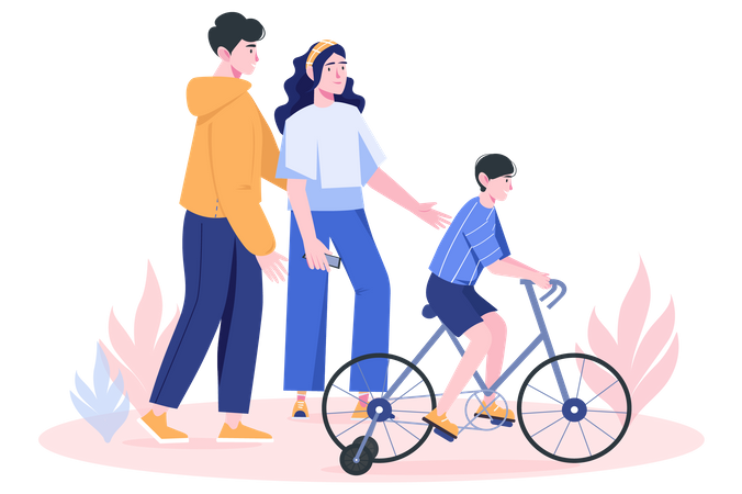 Família feliz caminha ao ar livre e ensina criança a andar de bicicleta  Ilustração