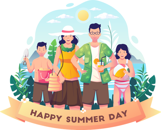 Família feliz comemora dia de verão na praia  Ilustração