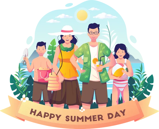 Família feliz comemora dia de verão na praia  Ilustração