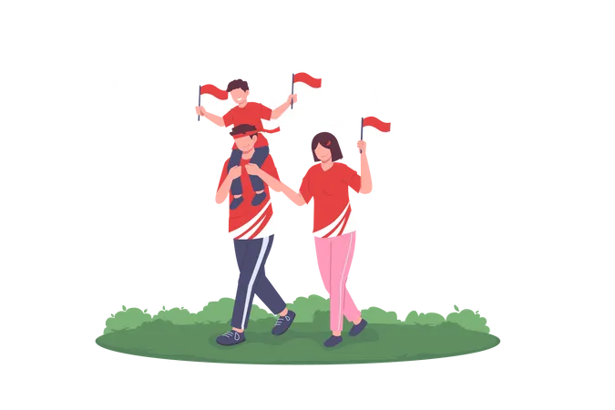 Familia Feliz Celebrando El Día De La Independencia De Indonesia  Ilustración