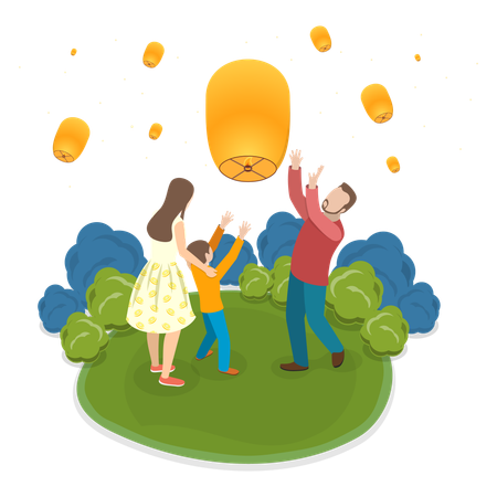 Família feliz celebrando o Festival das Lanternas do Céu  Ilustração