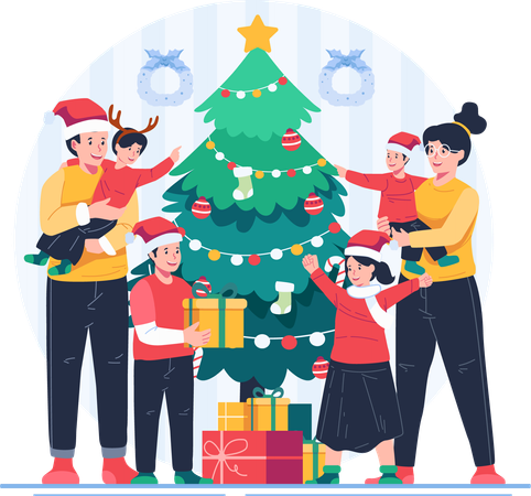 Familia feliz celebrando la Navidad con un árbol de Navidad y regalos  Ilustración