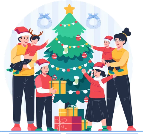 Familia feliz celebrando la Navidad con un árbol de Navidad y regalos  Ilustración