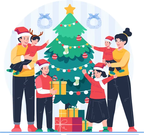 Família feliz comemorando o Natal com uma árvore de Natal e presentes  Ilustração