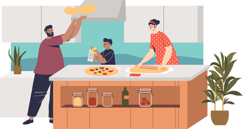 Familia feliz cocinando pizza juntos  Ilustración