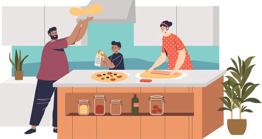 Familia feliz cocinando pizza juntos  Ilustración