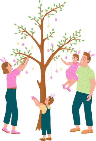 Familia feliz colgando huevos de Pascua en el árbol  Ilustración