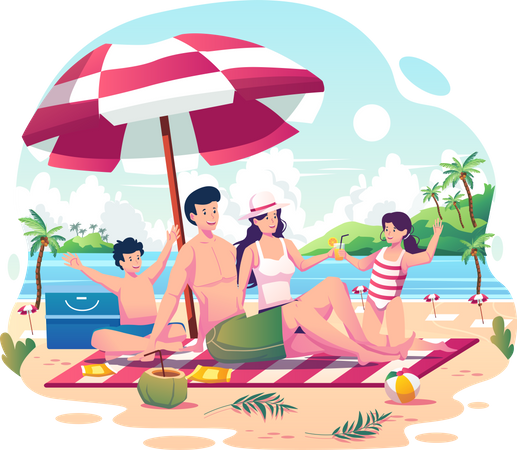 Família feliz com dois filhos relaxando e aproveitando o verão na praia  Ilustração