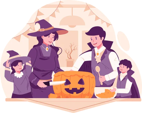 Família feliz esculpindo abóbora juntos em casa para preparação para o Halloween  Ilustração