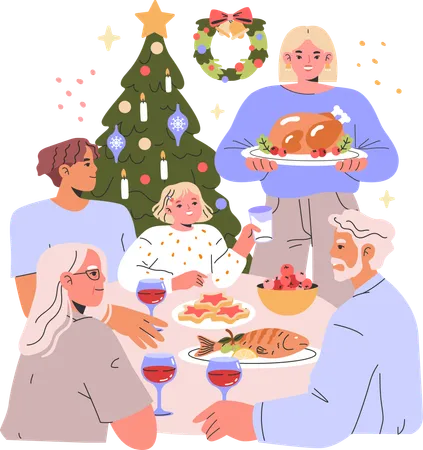 Família feliz comemora o Natal juntos  Ilustração