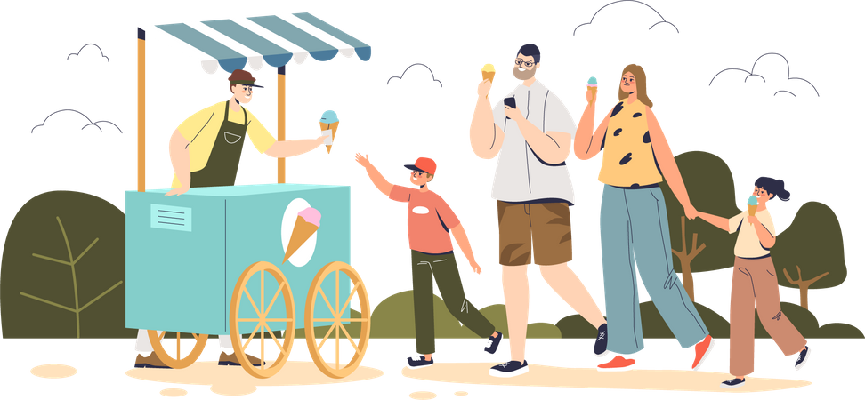 Familia feliz comprando helado en el quiosco  Ilustración