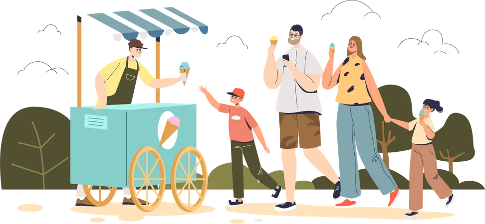 Familia feliz comprando helado en el quiosco  Ilustración