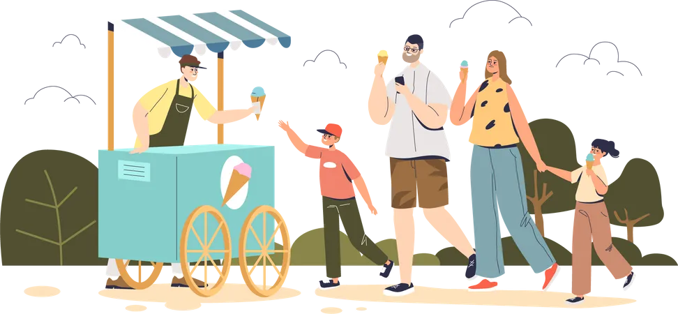Família feliz comprando sorvete no quiosque  Ilustração
