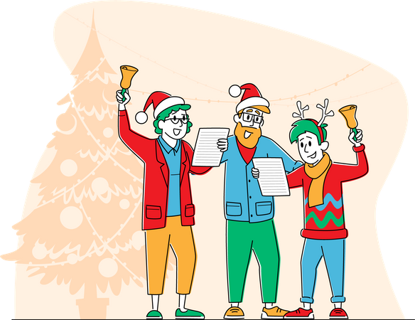 Familia feliz con sombreros de Papá Noel y renos cantando canciones navideñas y tocando campanas  Ilustración