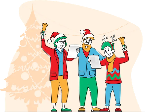 Familia feliz con sombreros de Papá Noel y renos cantando canciones navideñas y tocando campanas  Ilustración
