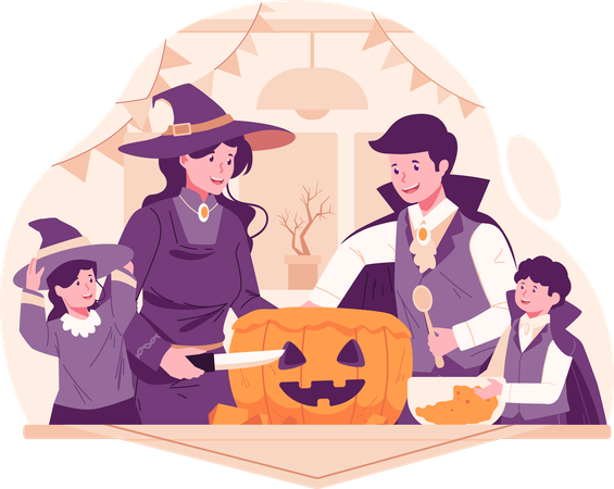 Familia feliz tallando calabazas juntos en casa para la preparación de Halloween  Ilustración