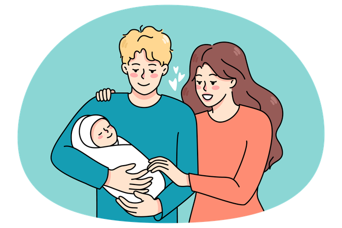 Familia feliz sosteniendo en brazos a un bebé recién nacido  Ilustración