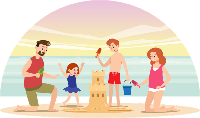 Familia construyendo castillos de arena juntos de vacaciones  Ilustración