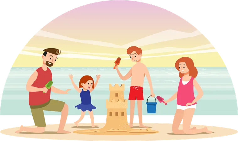 Familia construyendo castillos de arena juntos de vacaciones  Ilustración