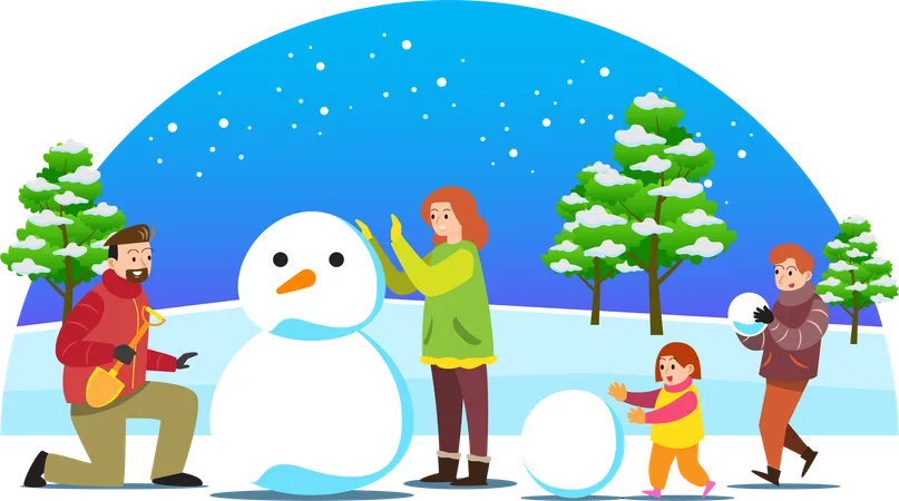 Familia construyendo muñeco de nieve juntos  Ilustración