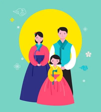 Feliz Ano Nuevo Tradicional Coreano Ano De La Rata Vestido Tradicional Coreano De Familia Feliz Ilustracion Vectorial Ilustración