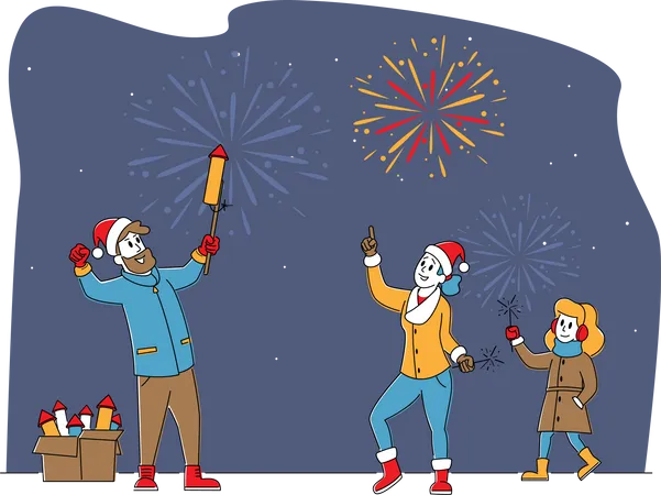 Família feliz curtindo fogos de artifício ao ar livre no Natal ou Ano Novo  Ilustração