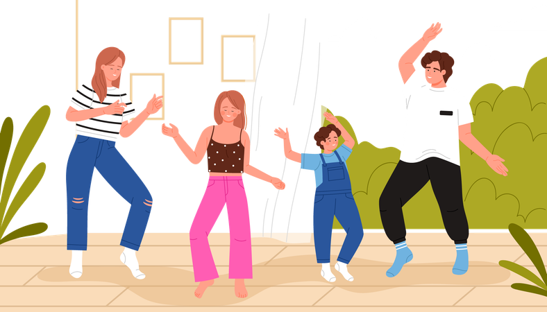 Família feliz dançando em casa  Ilustração