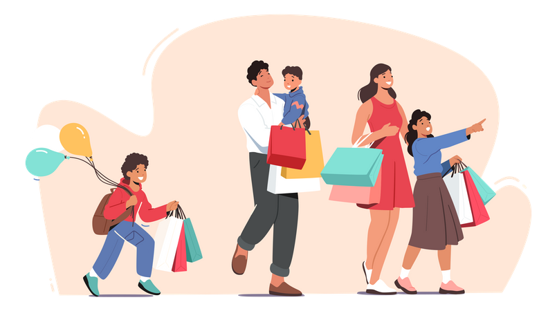 Familia feliz de compras  Ilustración