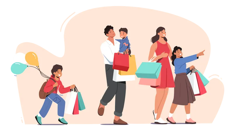 Familia feliz de compras  Ilustración