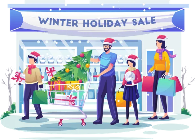 Una Familia Feliz Comprando En El Supermercado Con Sus Hijos Usando Sombreros De Papa Noel Compra Productos Y Regalos Venta De Vacaciones De Invierno De Navidad Ilustracion Vectorial Ilustración