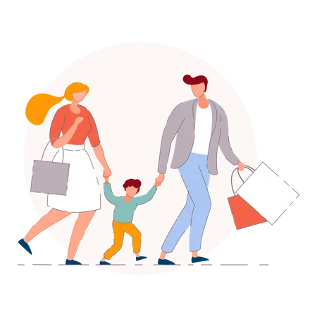 Familia feliz de compras en una temporada de rebajas en el centro comercial  Ilustración