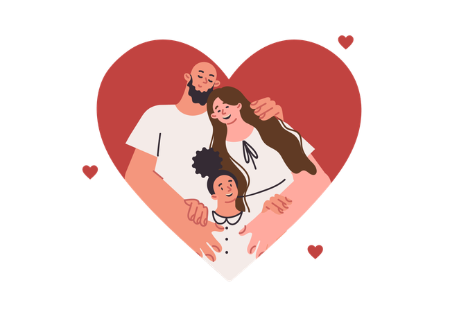 Familia feliz de padres e hija pequeña abrazándose ubicada en un gran corazón  Ilustración