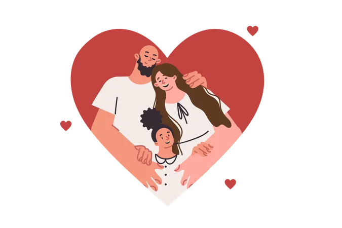 Familia feliz de padres e hija pequeña abrazándose ubicada en un gran corazón  Ilustración