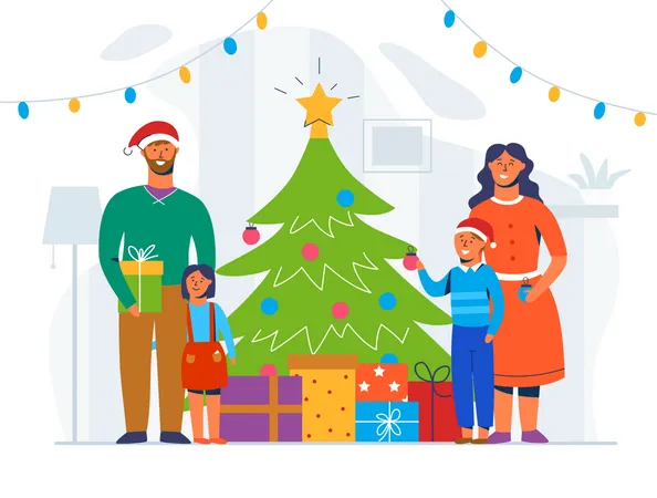 Família feliz decorando árvore de Natal  Ilustração